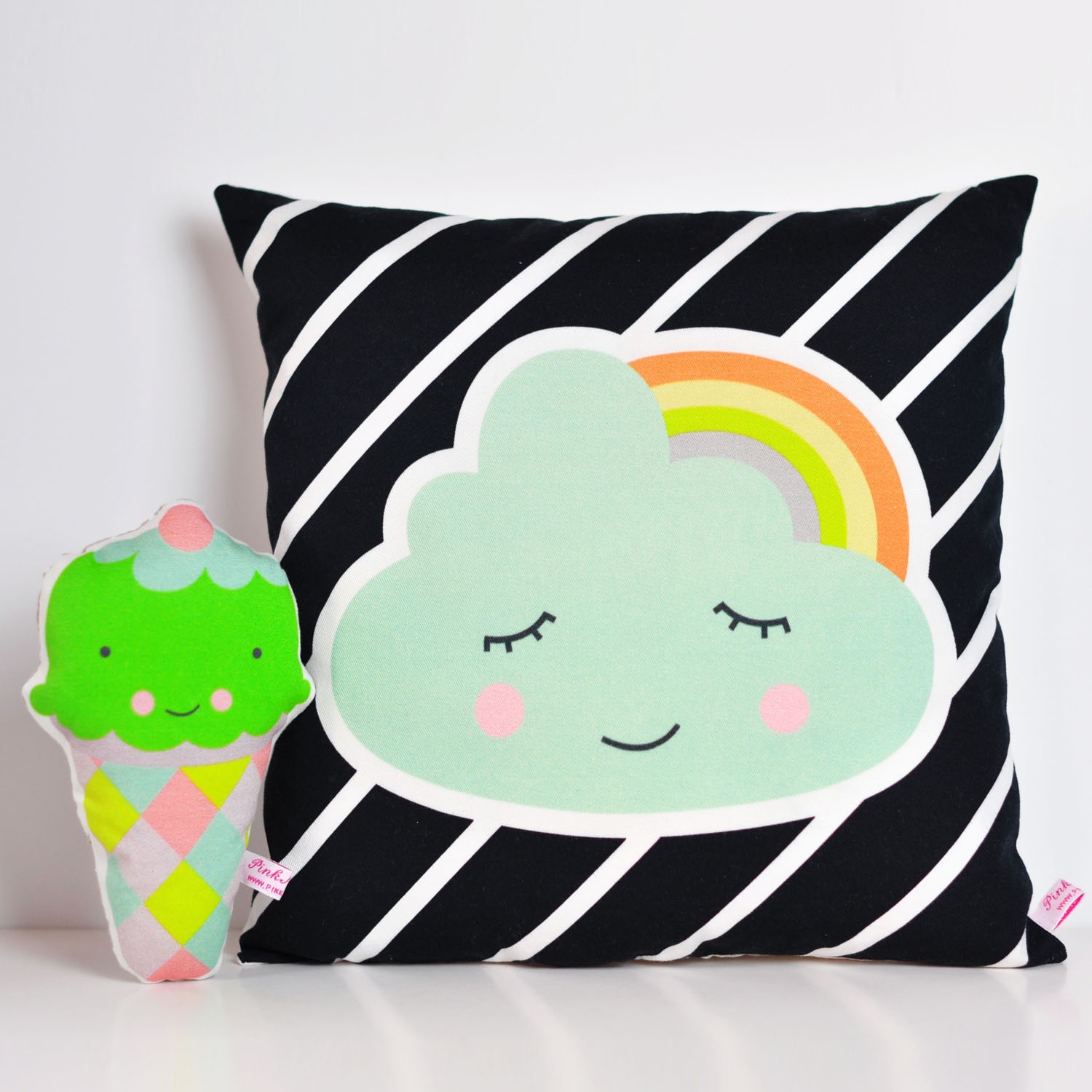 square black and white stripes pillow with cloud and rainbow