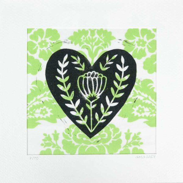 original block print on fabric of a heart #7