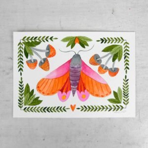 original mini watercolor of a pink & orange moth with mushrooms