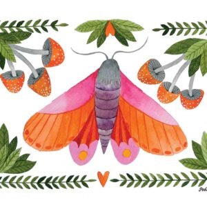 poster of an orange and pink moth surrounded by mushrooms