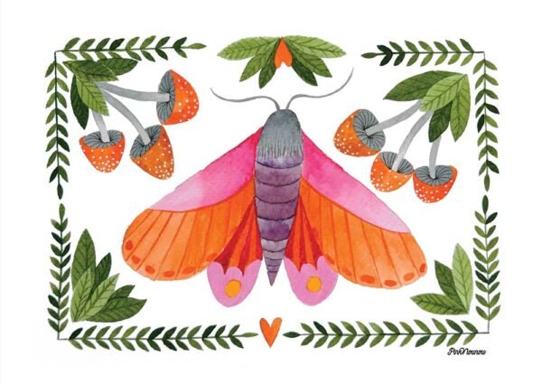 poster of an orange and pink moth surrounded by mushrooms