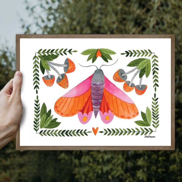 poster of an orange and pink moth surrounded by mushrooms - Image 2