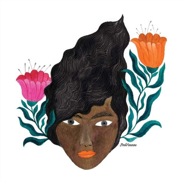 poster of a black woman portrait with pink & orange flowers