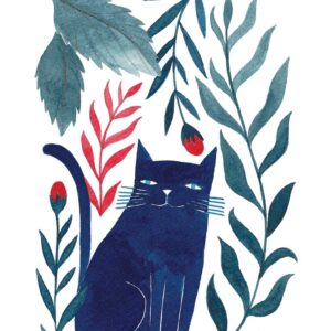 poster of a blue cat with blue and red plants