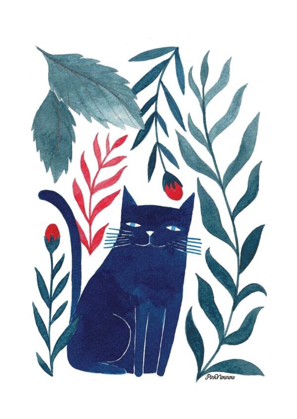 poster of a blue cat with blue and red plants