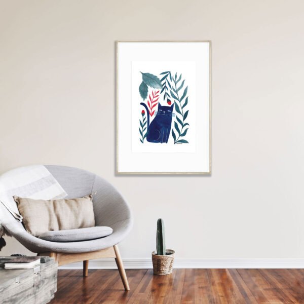 poster of a blue cat with blue and red plants - Image 2