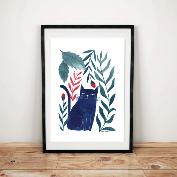 poster of a blue cat with blue and red plants - Image 5