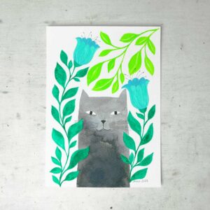 original mini watercolor of a gray cat with turquoise flowers
