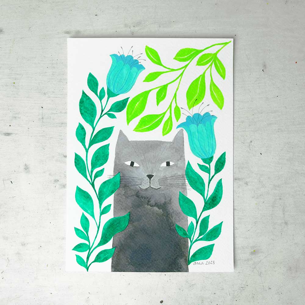 original mini watercolor of a gray cat with turquoise