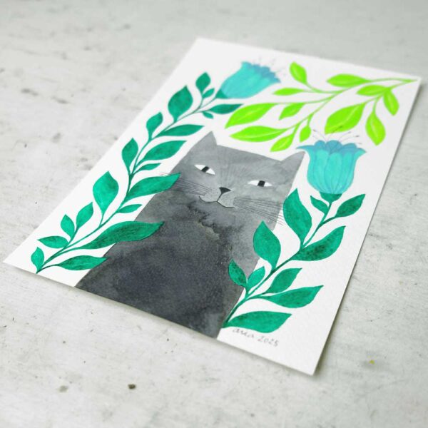 original mini watercolor of a gray cat with turquoise flowers - Image 2