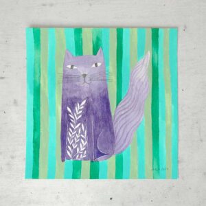 original mini watercolor of a lilac cat on a striped background