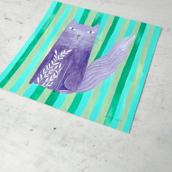 original mini watercolor of a lilac cat on a striped background - Image 3