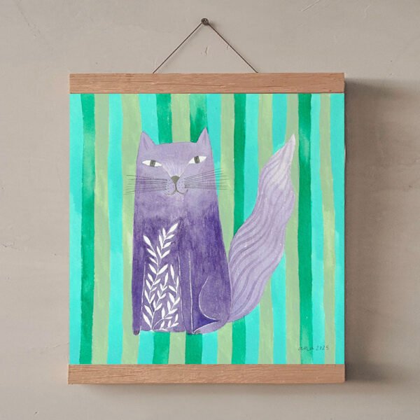 original mini watercolor of a lilac cat on a striped background - Image 2
