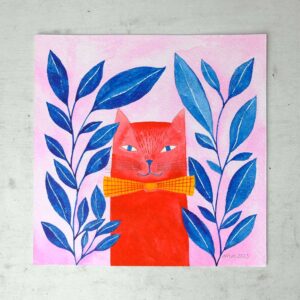 original mini watercolor of a red cat with indigo plants
