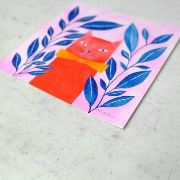 original mini watercolor of a red cat with indigo plants - Image 2