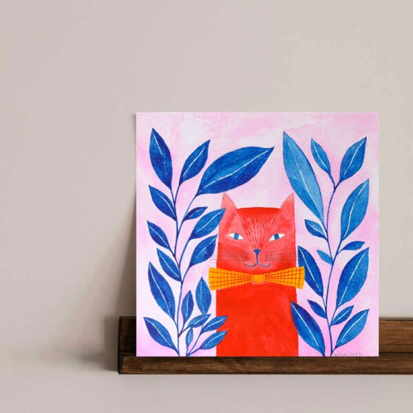 original mini watercolor of a red cat with indigo plants - Image 3
